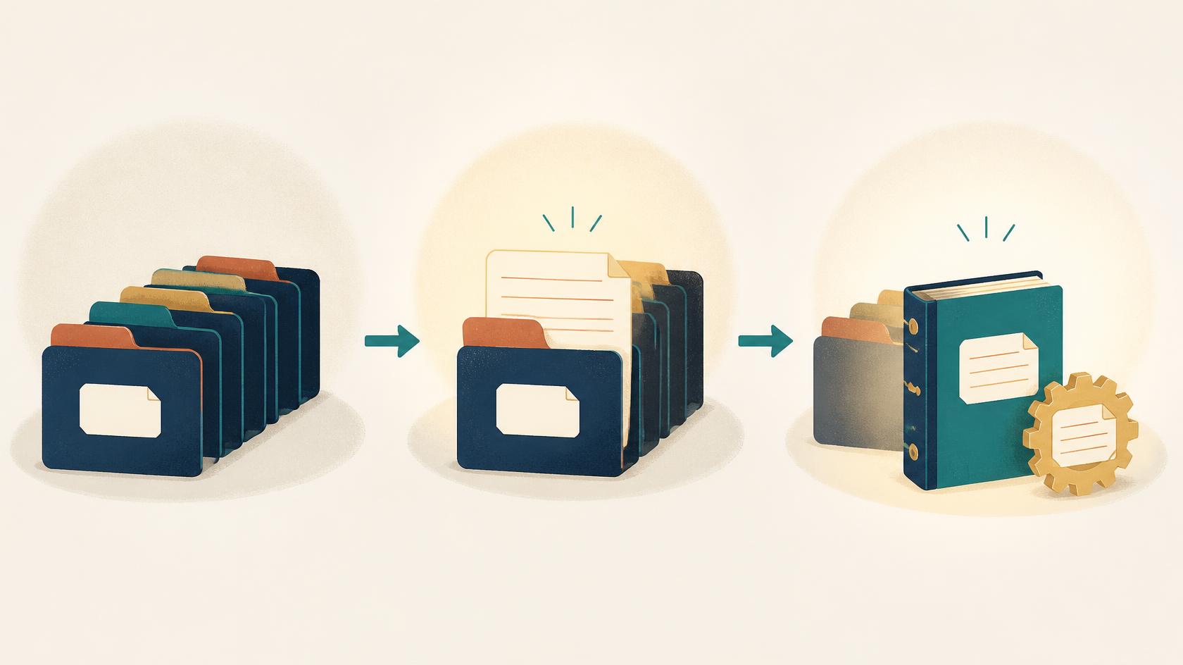 Three stages of progressive disclosure — a stack of folders, one folder opening to reveal a single glowing document, then a bound notebook with a gear, representing metadata, full instructions, and deeper bundled resources.