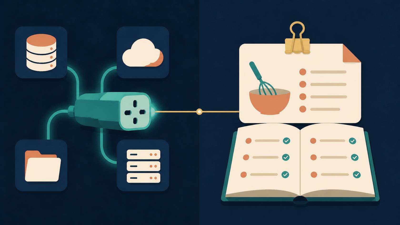 A multi-plug adapter connecting to a database, cloud, folder, and server on one side, and a recipe book with a mixing-bowl illustration and checklist on the other — connectivity versus methodology.