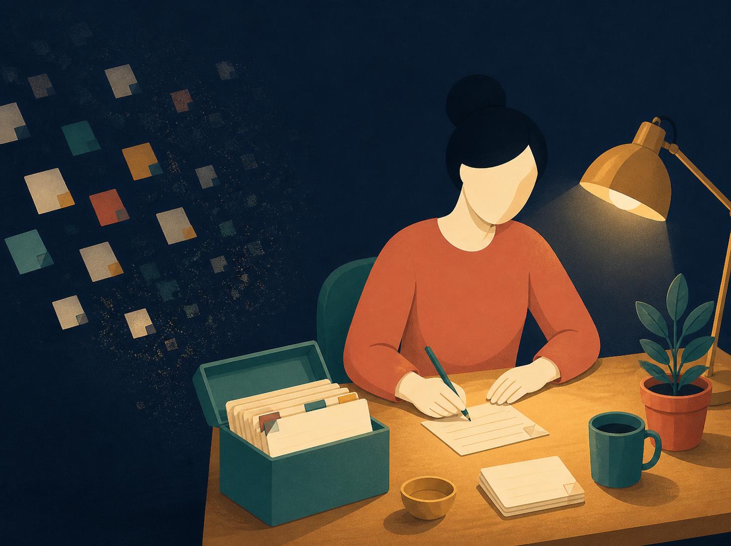 A person at a desk writing a card by lamplight, with a card-catalog box of filed notes in front of them and glowing documents drifting into the dark — writing the recipe card once, reused ever after.