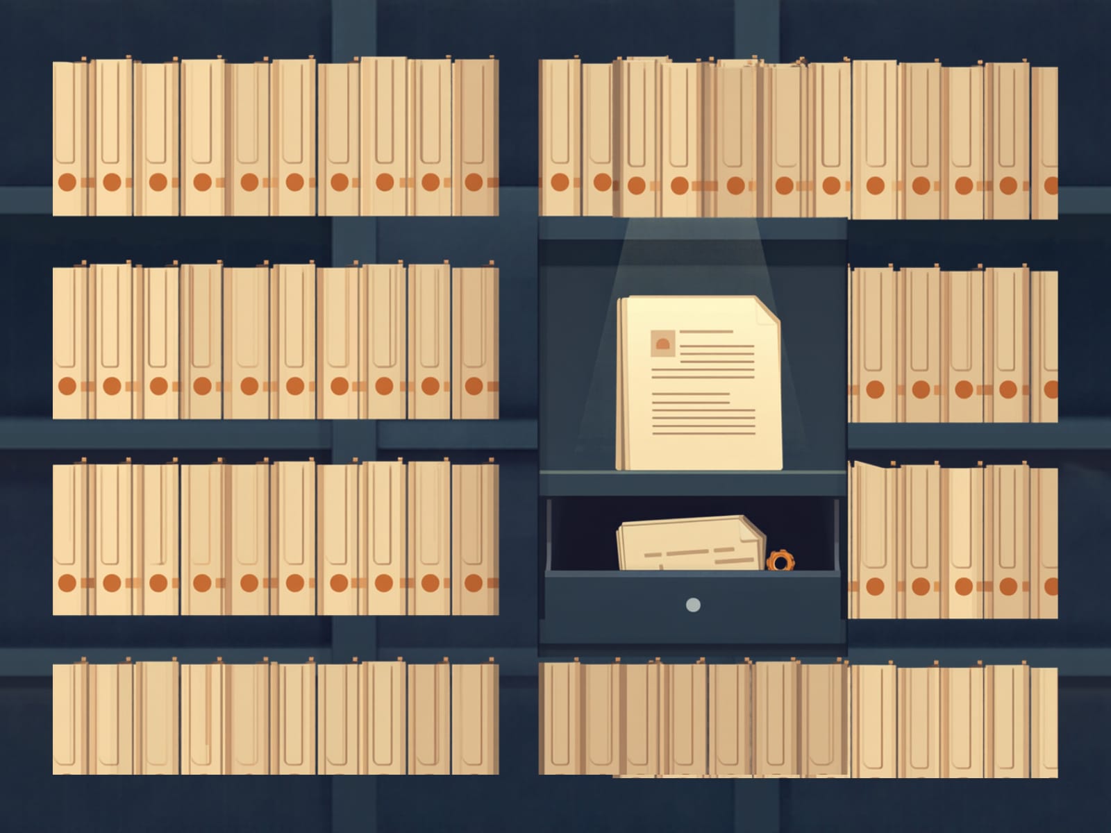 Filing cabinets full of folders, with one folder lit up and open on a shelf, representing progressive disclosure — only the relevant skill loads instead of the entire library.