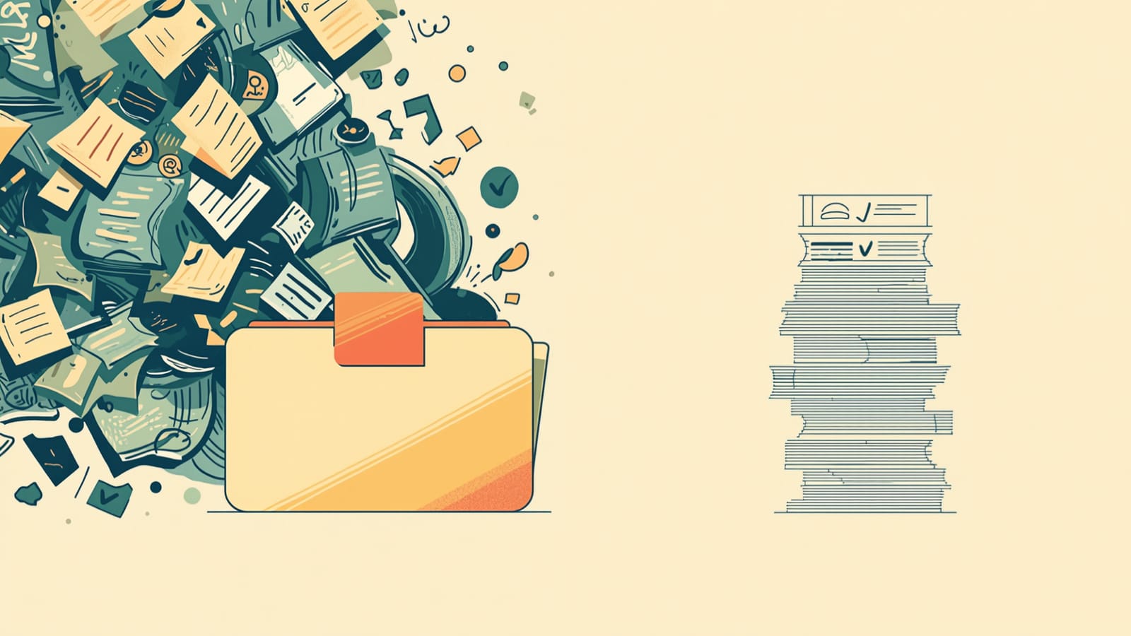 A chaotic pile of scattered notes and papers pouring into a single organized folder, next to a neat, squared-off stack of documents — messy input turned into a fixed, repeatable output structure.
