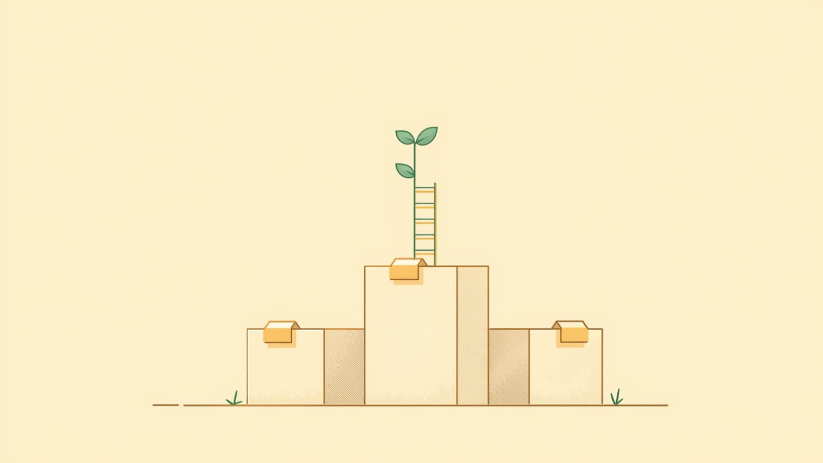A small plant sprouting from the tallest of several uneven blocks, with a ladder leaning against it — skills compounding into steady growth over time.